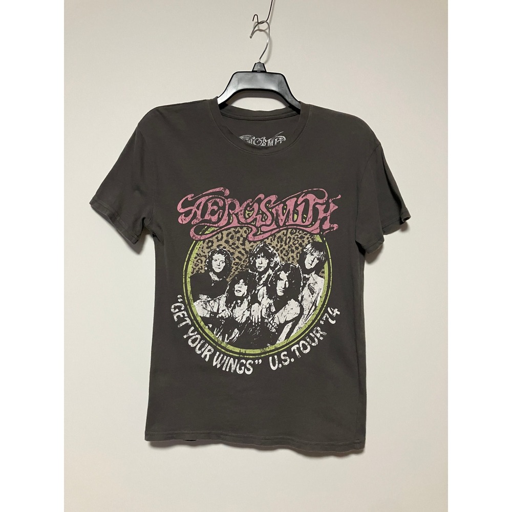 Aerosmith Women XS Get Your Wings Tour 74 Tee Grey Leopard Print Graphic Shirt